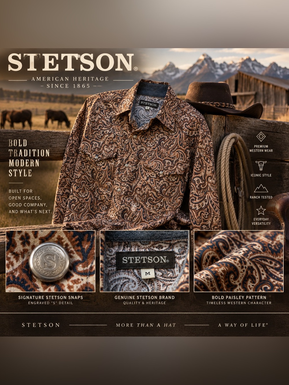 Stetson Men's Brown Paisley Button-Down Western Shirt